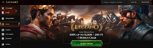 Legiano Casino – Join Now for Welcome Bonus Legiano Casino homepage with welcome bonus 100% up to $1,000 + 200 FS + 1 Bonus Crab and Roman battle-themed artwork