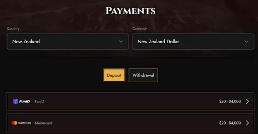 Legiano Payments – Deposit Options for New Zealand Payment methods in New Zealand with NZD: FunID and Mastercard available for deposits from $20 to $4,000