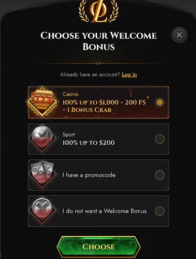 Legiano Welcome Bonus Selection Choose your welcome bonus at Legiano – options include Casino ($1000 + 200 FS + 1 Bonus Crab), Sport ($200), or using a promo code.